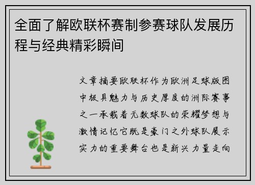 全面了解欧联杯赛制参赛球队发展历程与经典精彩瞬间