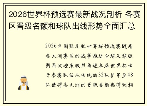 2026世界杯预选赛最新战况剖析 各赛区晋级名额和球队出线形势全面汇总 2026世界杯预选赛最新战况剖析 各赛区晋级名额和球队出线形势全面汇总